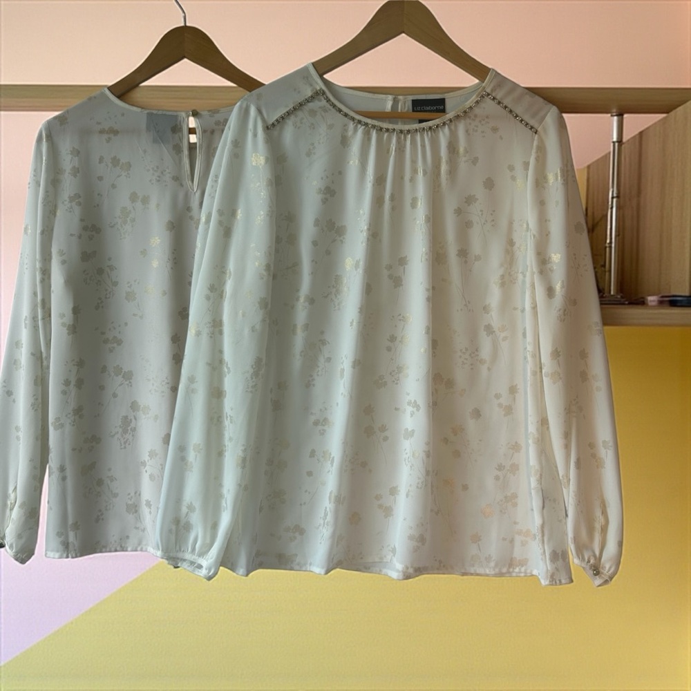 Liz Claiborne Floral‎ Gemstone Embellished White Metallic Blouse Size M
